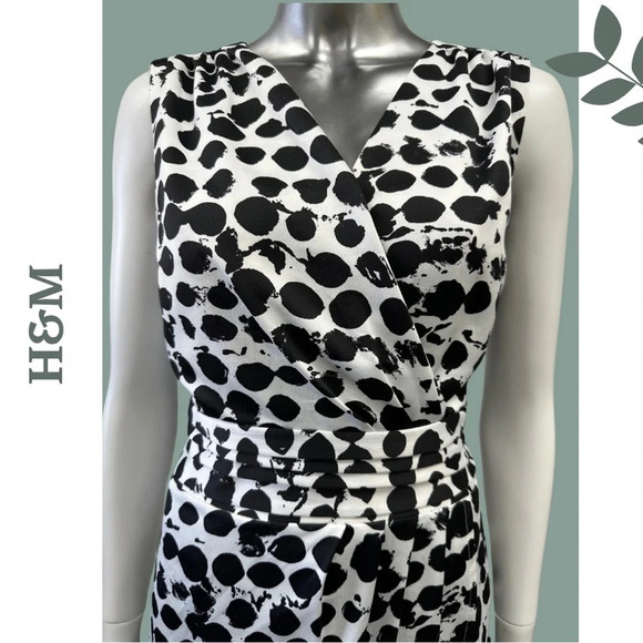 🛍️3/$40 H&M Black White Sleeveless Faux Wrap Lined Dress  Size 8 - Picture 6 of 9